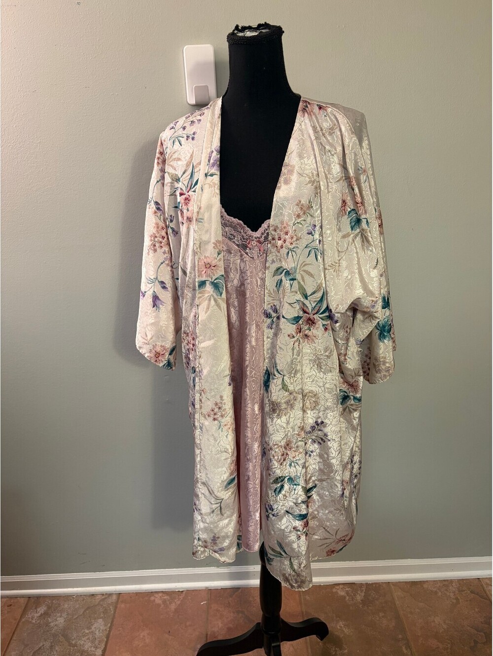 California Miss Pink Satin Lace Trim Slip Dress Nightgown and Robe Size 1X
